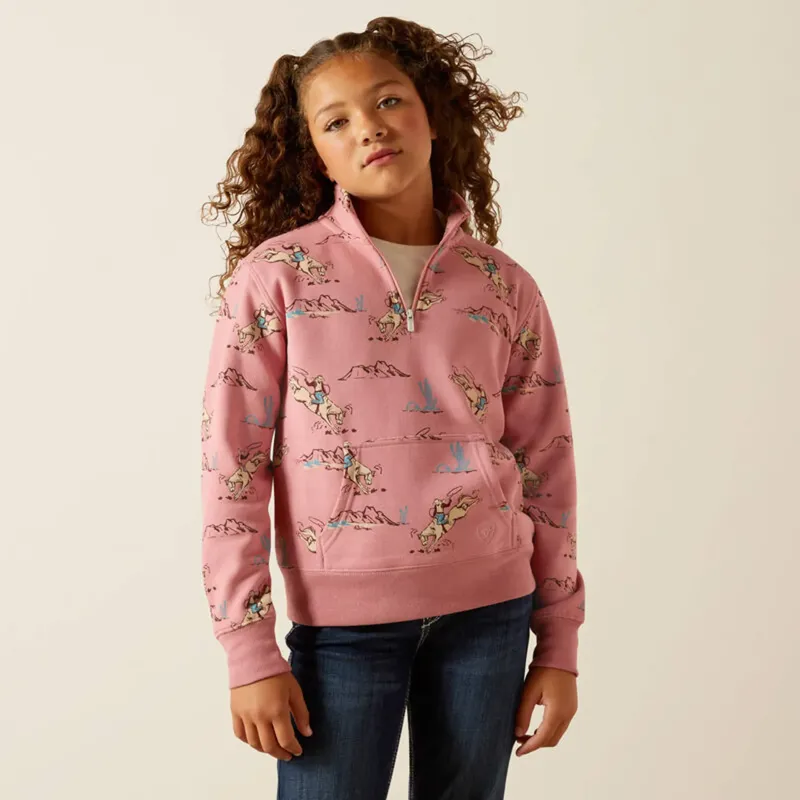 Ariat Girls Bronc Scene 1/4 Zip Sweatshirt - Bronc Toile
