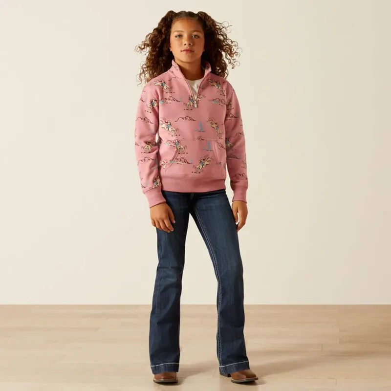 Ariat Girls Bronc Scene 1/4 Zip Sweatshirt - Bronc Toile-2